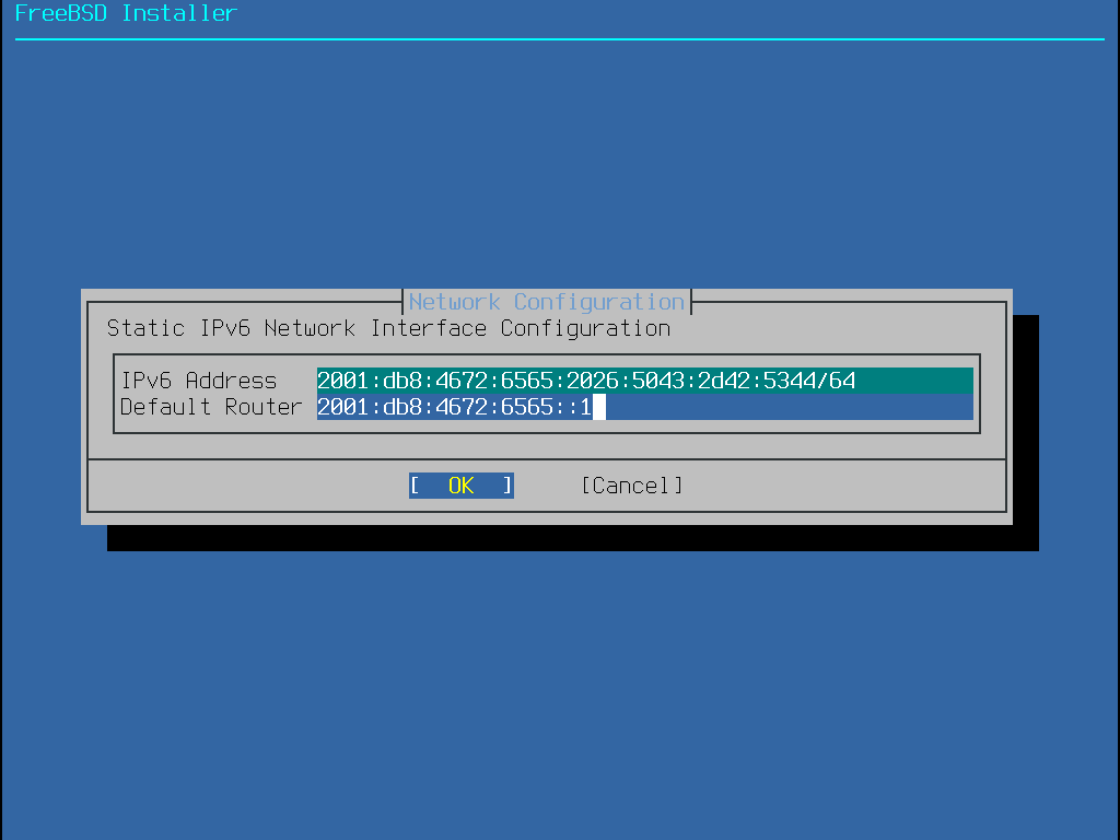 Menu requesting data to configure IPv6 network.