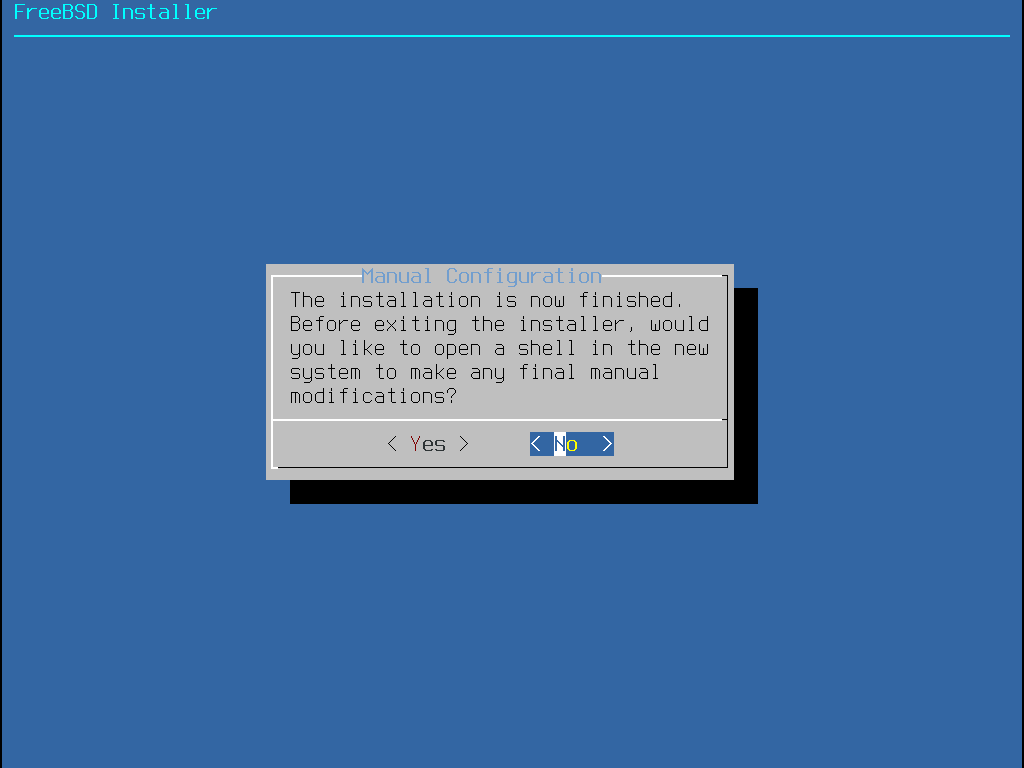 Menu showing that the installation has finished. And asking if you want to open a shell to make manual changes.